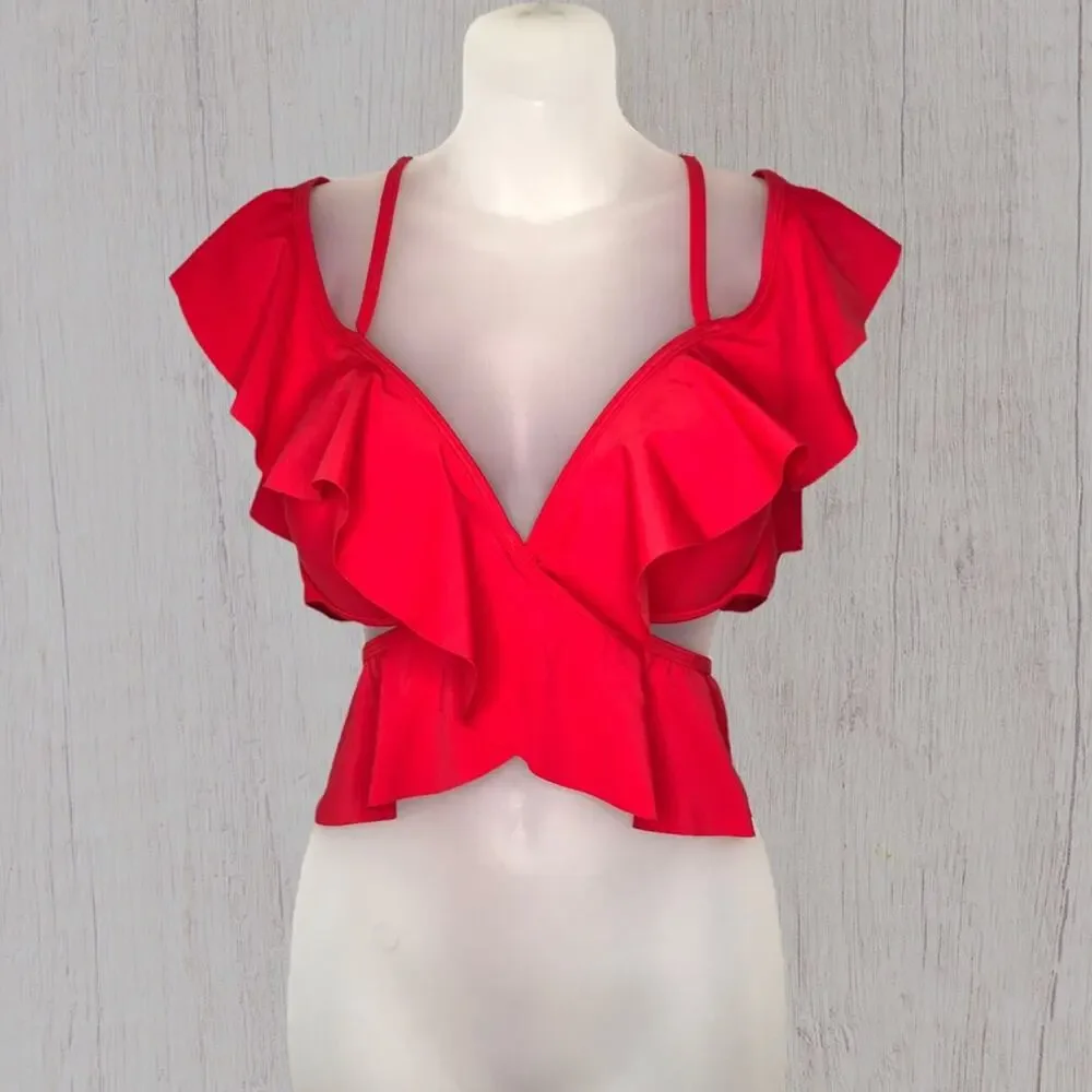 Ruffled strappy crisscross bikini summer halter top Women's XXL